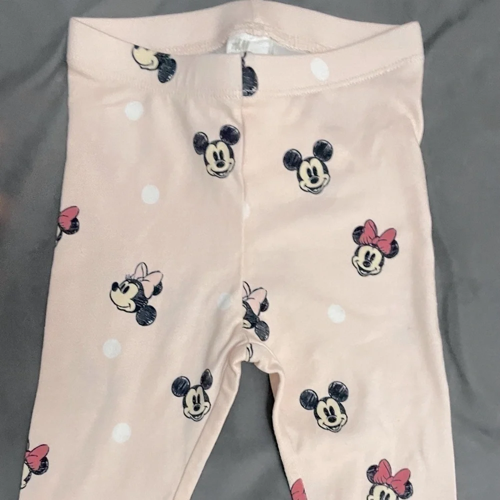 𝅺H&M Baby Girl Leggings Minnie Mouse Pink Printed Infant Pants Stretch Size 9M